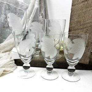 McBride Juice Liquor Glasses 6.5" Ball Stem Frosted Leaves 6 pc